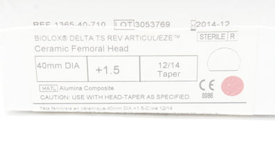 DePuy 1365-40-710 Biolox Articul/EZE Ceramic Femoral Head 40mm +1.5 12/14Taper(x)